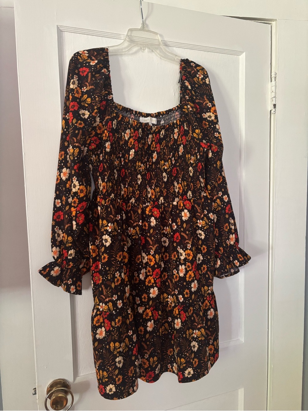Simply Southern Black Floral Smocked Mini Dress with Rust and Mustard Accents